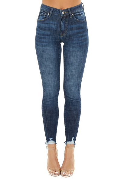 Dark Wash High Rise Skinny Jeans with Distressed Hemline