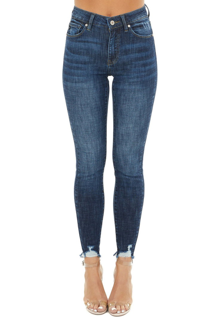 Dark Wash High Rise Skinny Jeans with Distressed Hemline