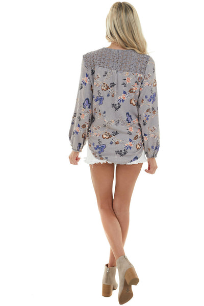 Slate Blue Floral Long Sleeve Front Tie Blouse