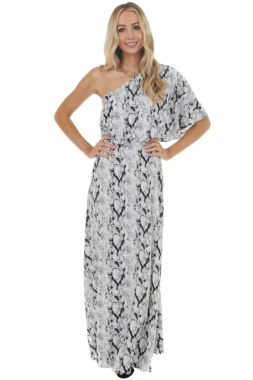 Dove Grey Snakeskin Print Woven Maxi Dress with One Shoulder 
