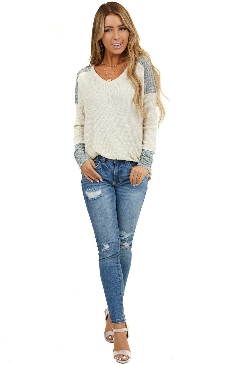 Cream Waffle Knit Top with Blue Paisley Contrast Detail 