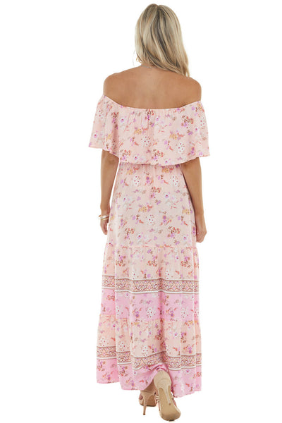 Light Peach Floral Print Off Shoulder Woven Maxi Dress