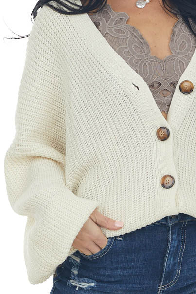 Cream Button Front V Neck Loose Cardigan