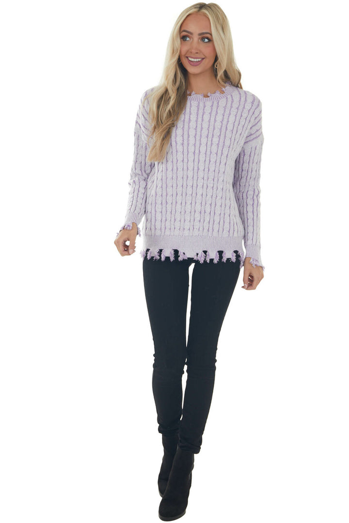 Lilac Cable Knit Distressed Trim Sweater