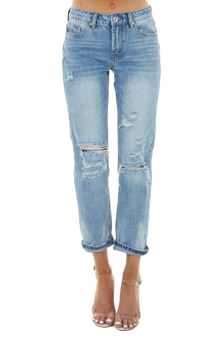 Light Wash Mid Rise Distressed Cuffed Jeans with Relaxed Fit 