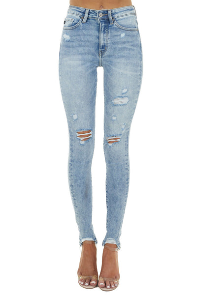 Light Wash High Rise Distressed Skinny Jeans with Cuffs