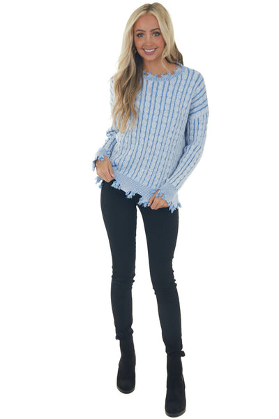 Blue Cable Knit Distressed Trim Sweater