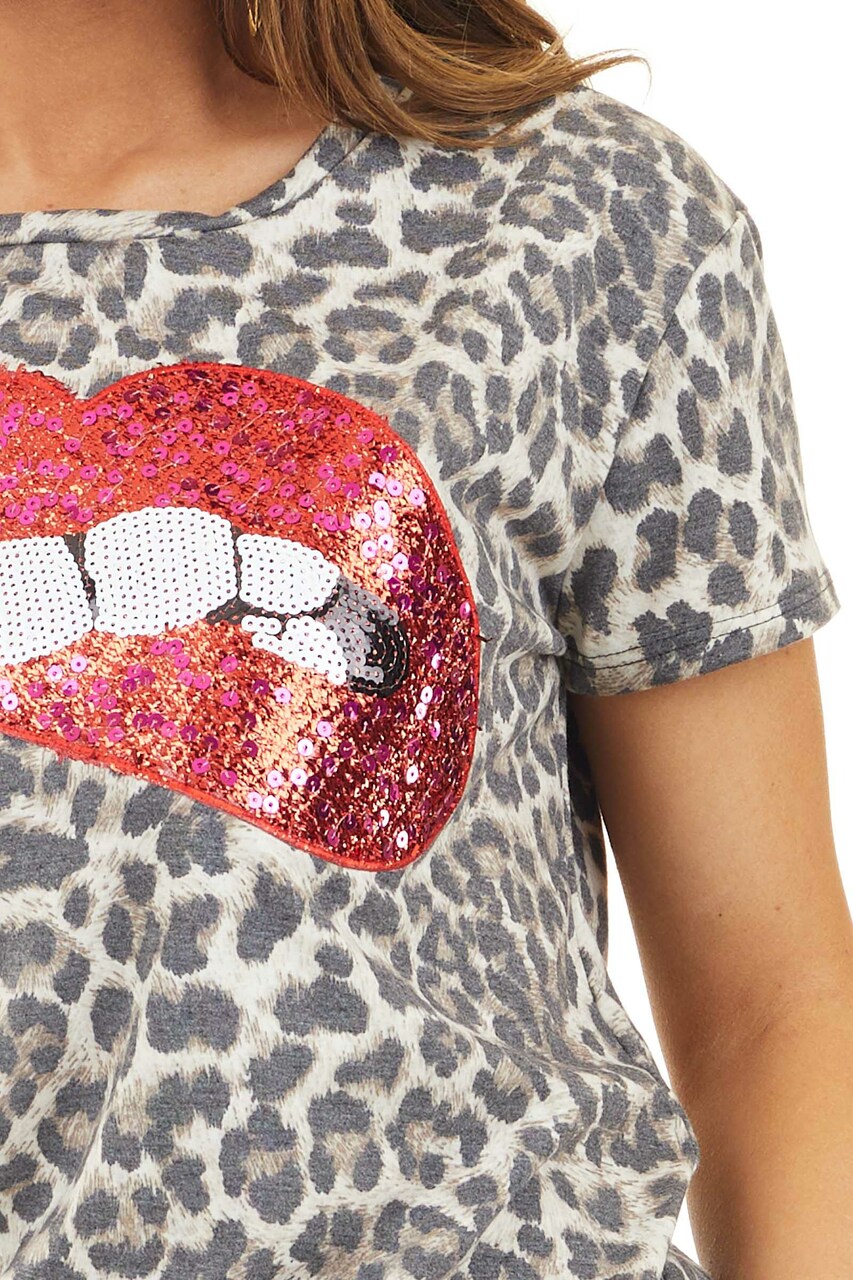 Mocha Leopard Print Top with Sequin Lip Graphic detail