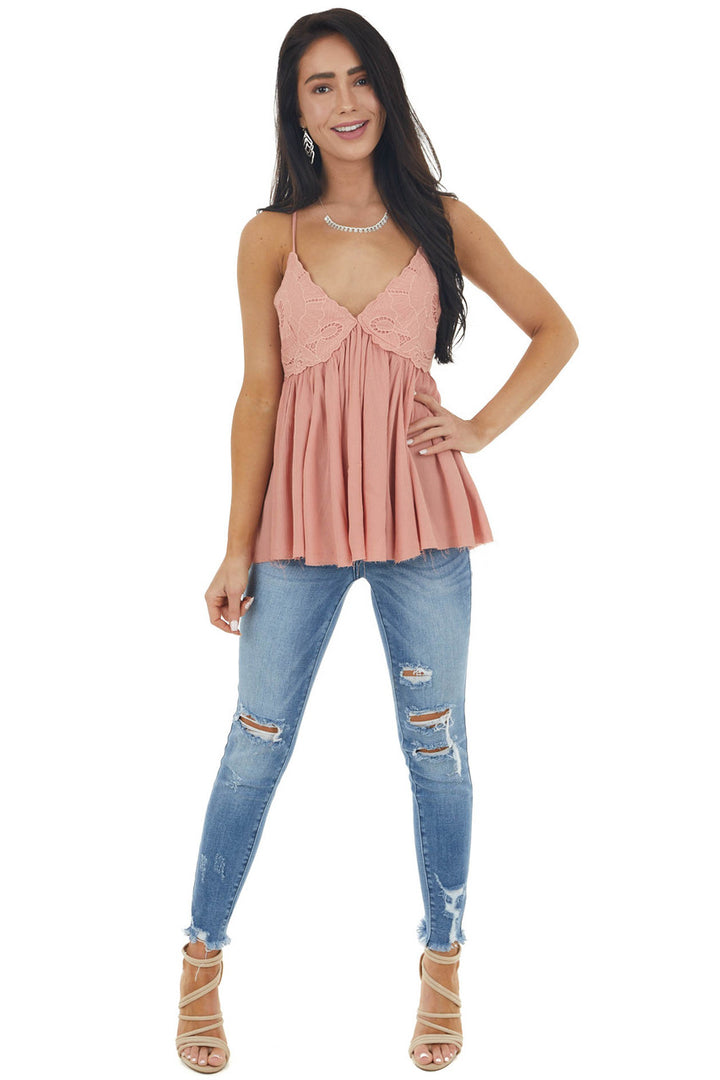 Peach Lace Sleeveless Babydoll Top with Crisscross Straps