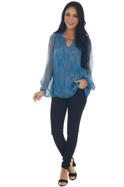 Ocean Pearlescent Sheer Long Sleeve Blouse 