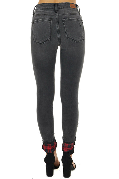 Faded Black Mid Rise Jeans with Plaid Patches and Cuffs
