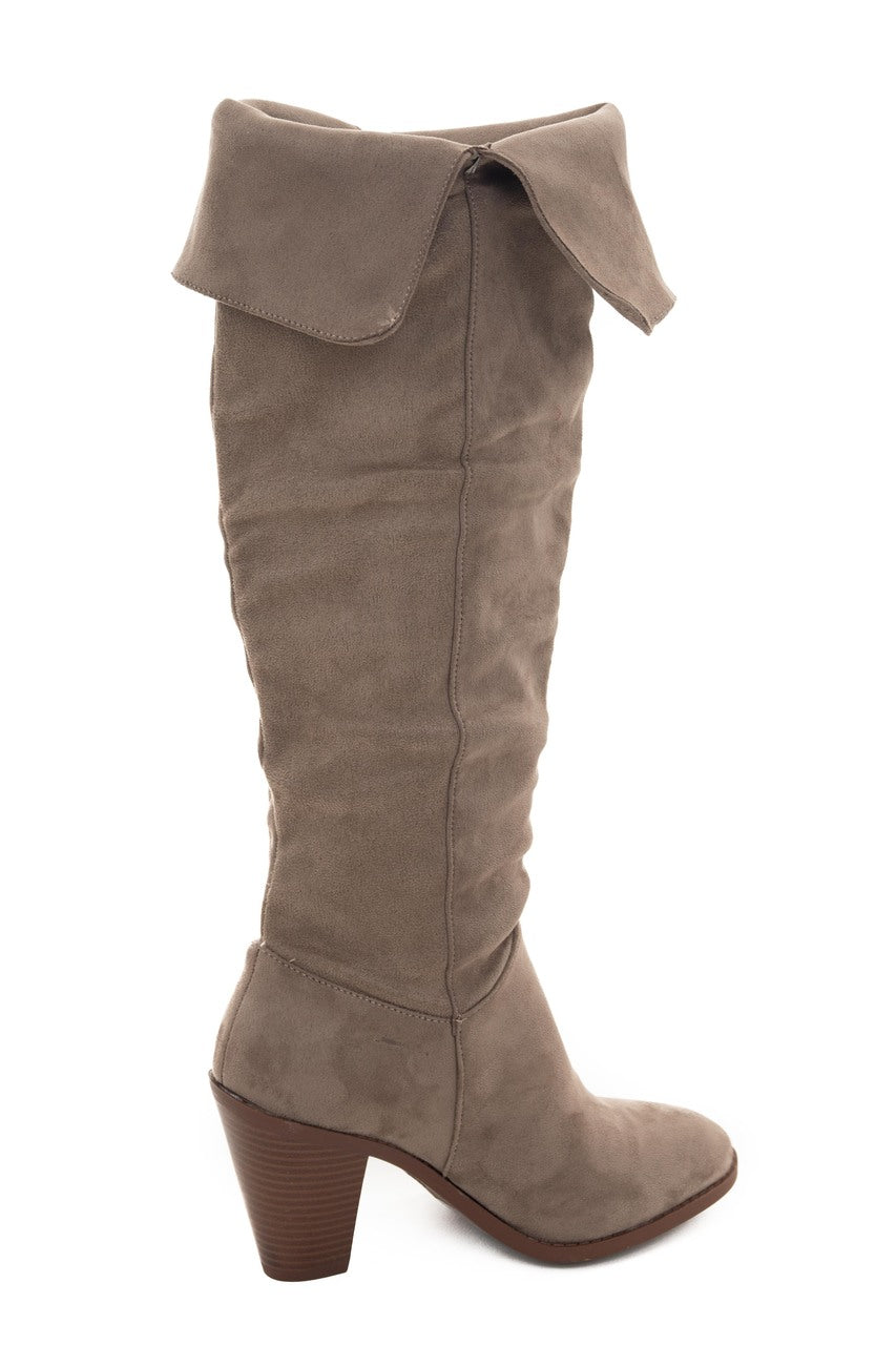 Oatmeal Faux Suede Folded Slouchy Heeled Boots 