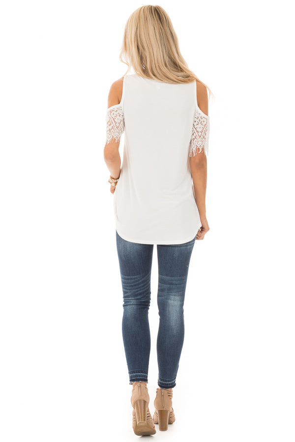 Off White Cold Shoulder Top with Lace Contrast Short Sleeve back full body