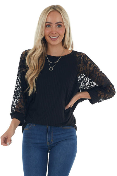Black Ribbed Dolman 3/4 Lace Sleeve Knit Top