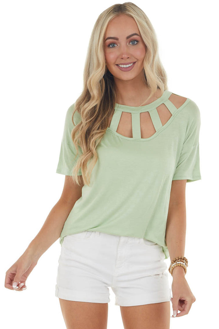 Sage Short Sleeve Knit Top with Caged Neckline