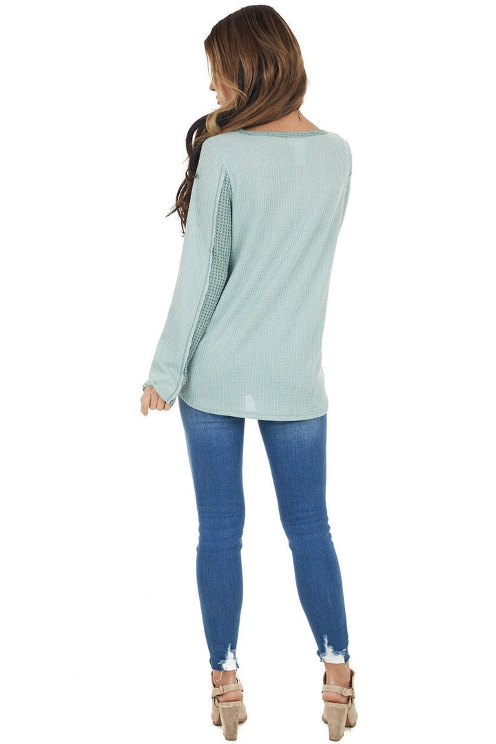 Sage Long Sleeve Waffle Knit Top with Contrast Detail