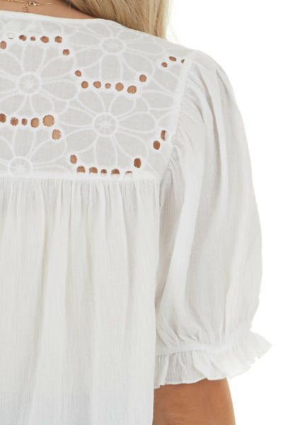 Off White Split Neck Blouse with Eyelet Lace