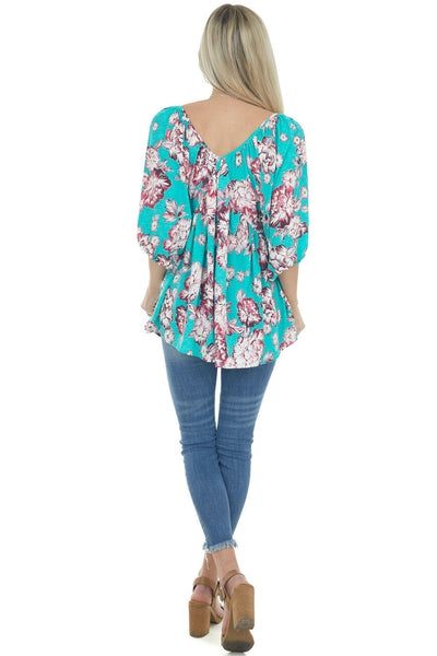 Turquoise Floral Print Babydoll Top