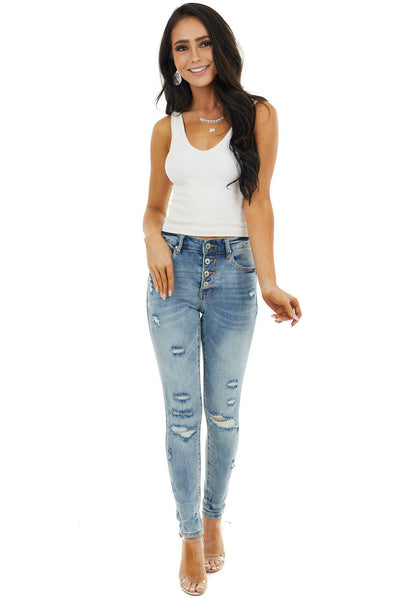Medium Wash Distressed Mid Rise Button Up Skinny Jeans 