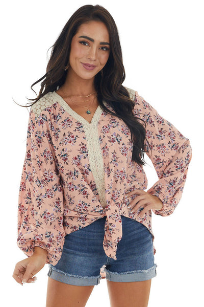 Pale Coral Long Sleeve Floral Front Tie Blouse
