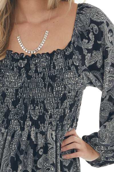 Black Paisley Print Smocked Bodice Midi Dress