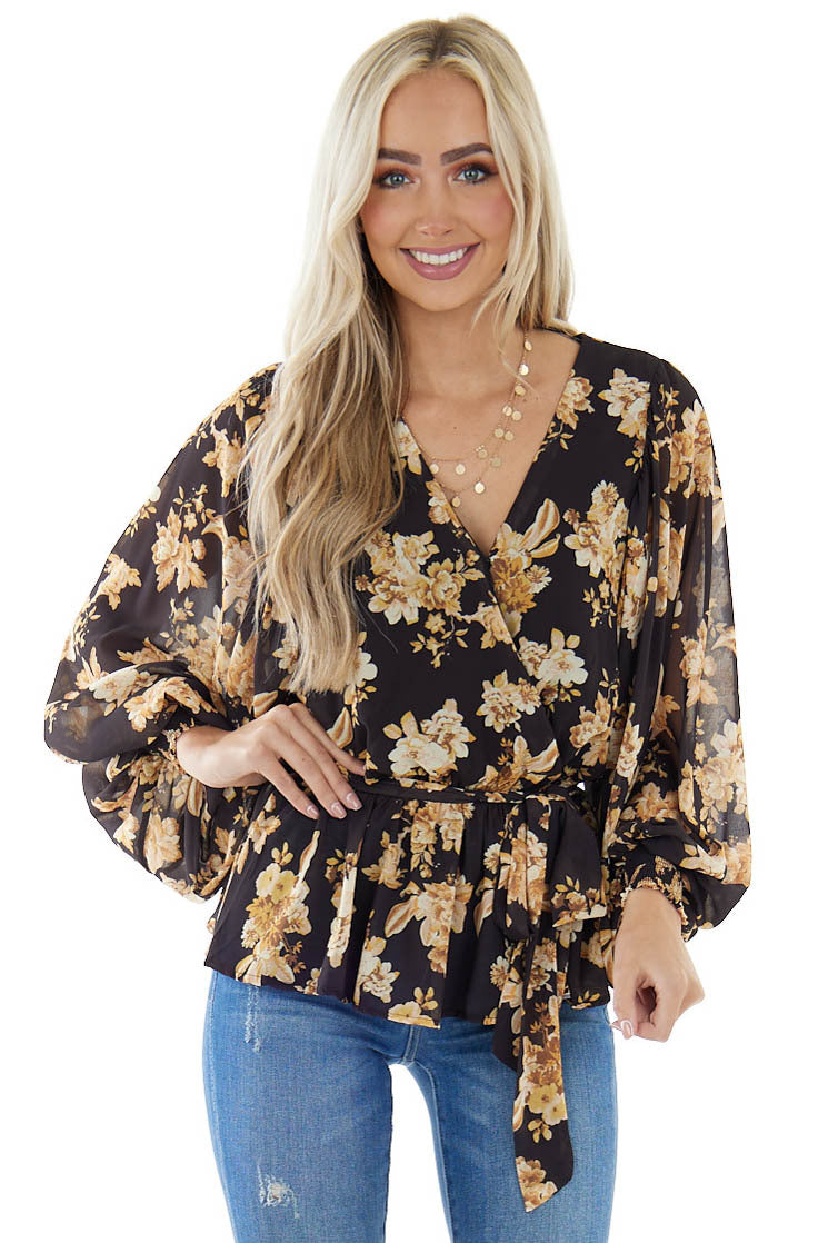 Black Floral Surplice Top With Bubble Sleeves