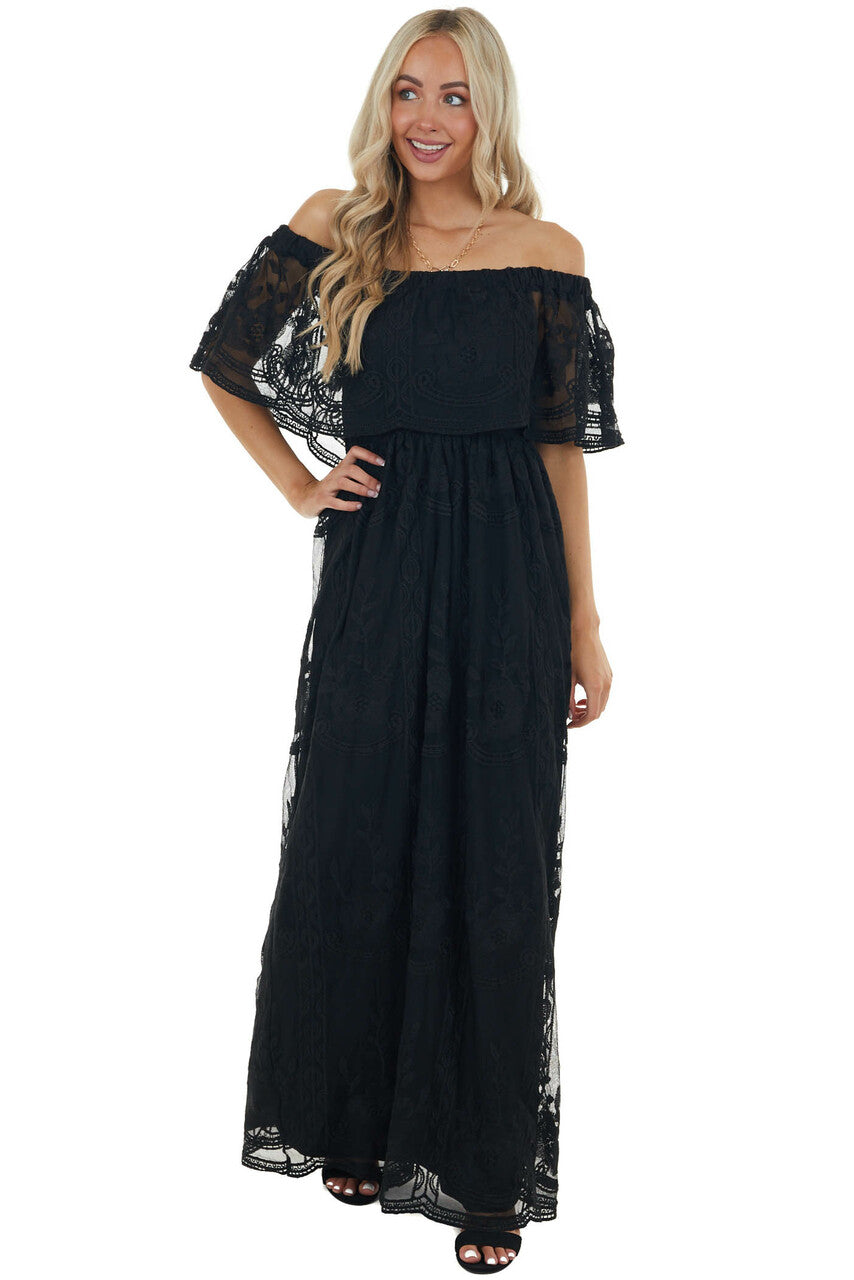 Black Off Shoulder Floral Lace Overlay Maxi Dress 