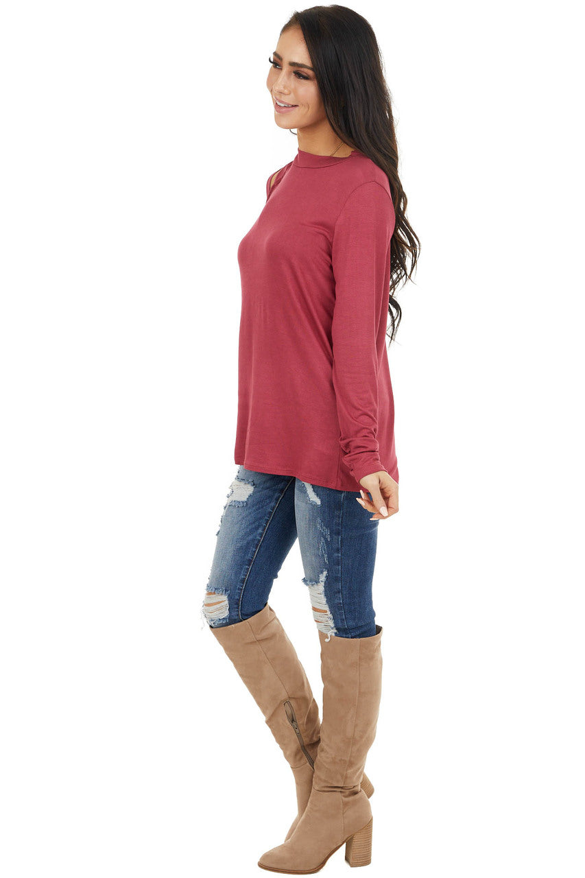 Marsala Long Sleeve Knit Top with One Caged Cold Shoulder