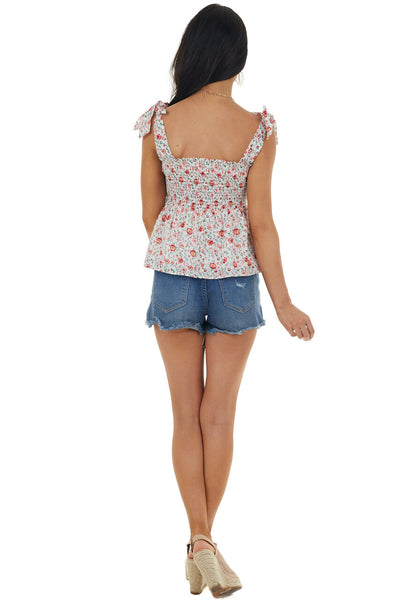 Pearl Floral Print Smocked Top with Tie Straps 