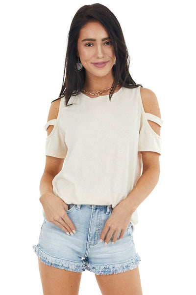 Vanilla Short Sleeve Stretchy Knit Top with Cold Shoulder