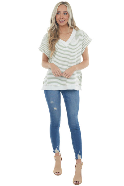 Sage and Ivory Striped V Neck Waffle Knit Top 