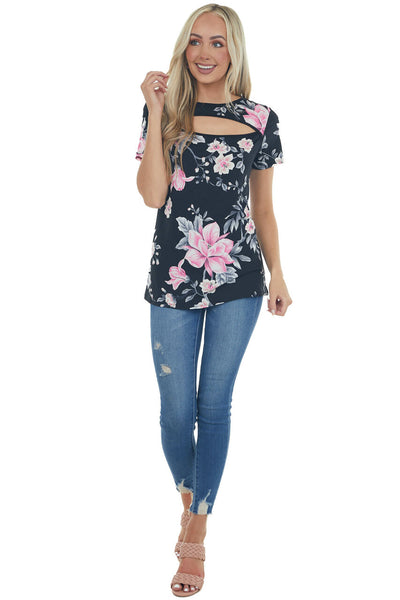 Black Floral Print Knit Top with Chest Cut Out