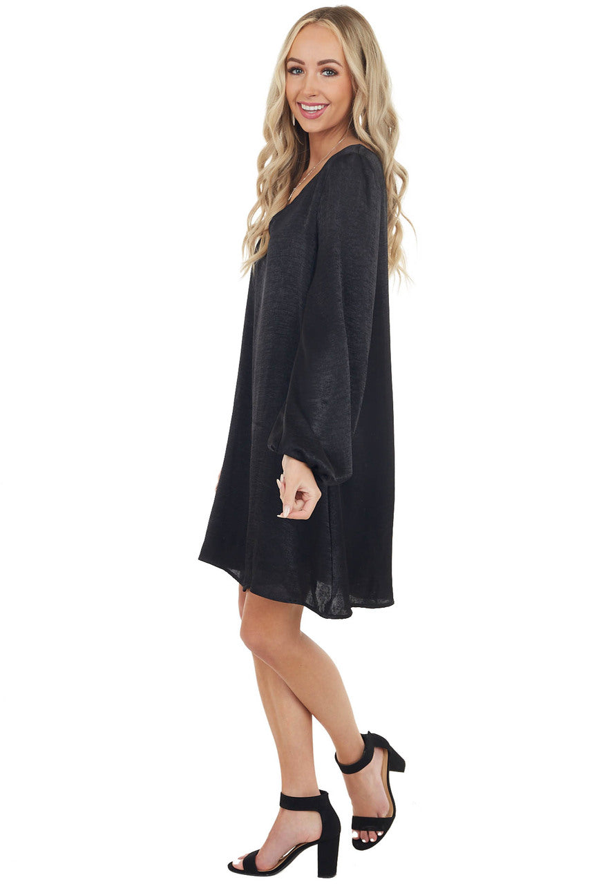 Black Satin Relaxed Fit Dress with Long Bubble Sleeves