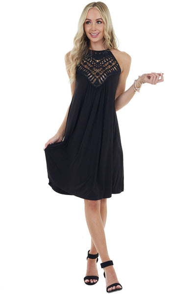 Onyx Black Short Dress with Lace Front and Keyhole Back