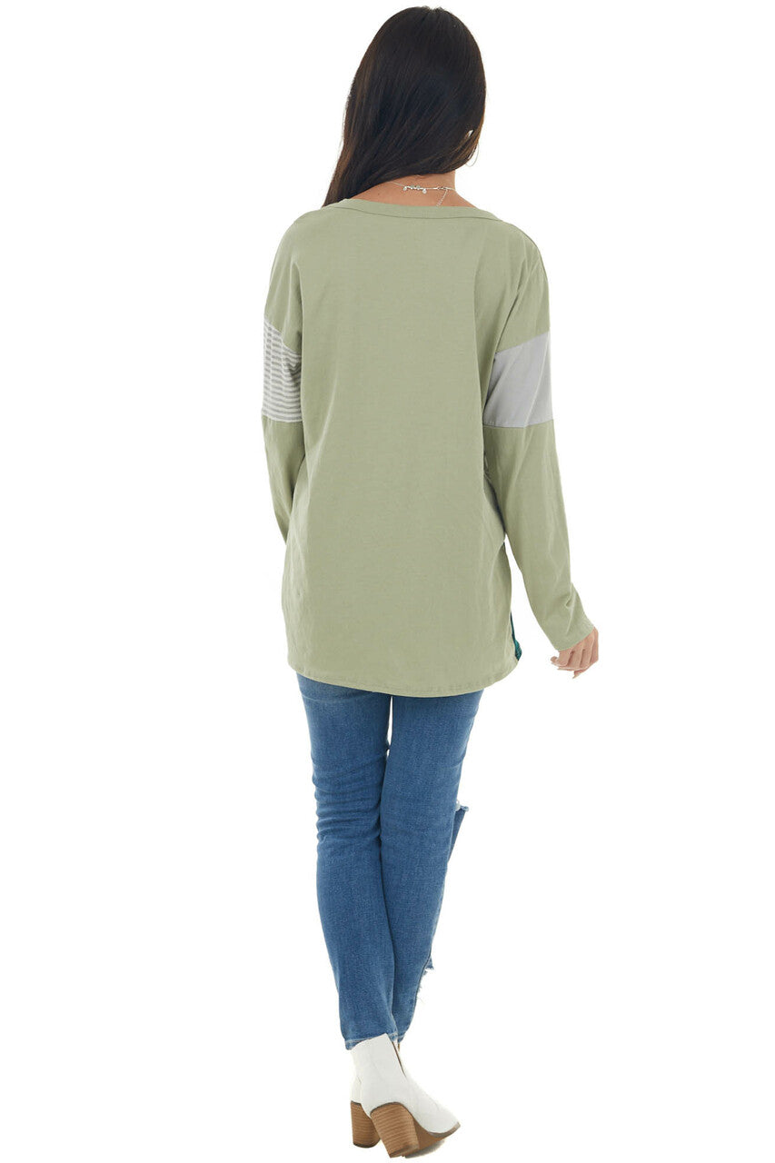 Green Colorblock Knit Top with Chest Pocket
