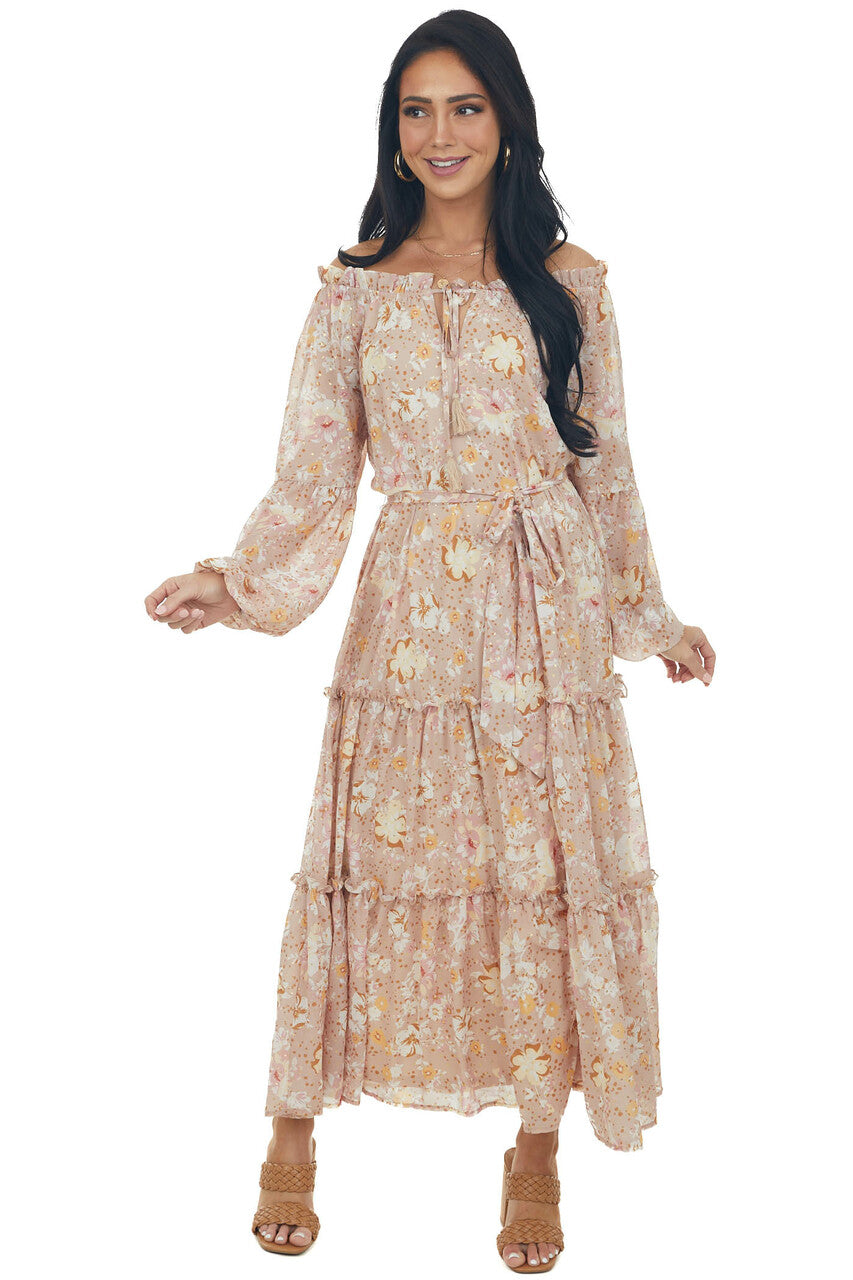 Nude Floral Print Gold Speck Tiered Maxi Dress