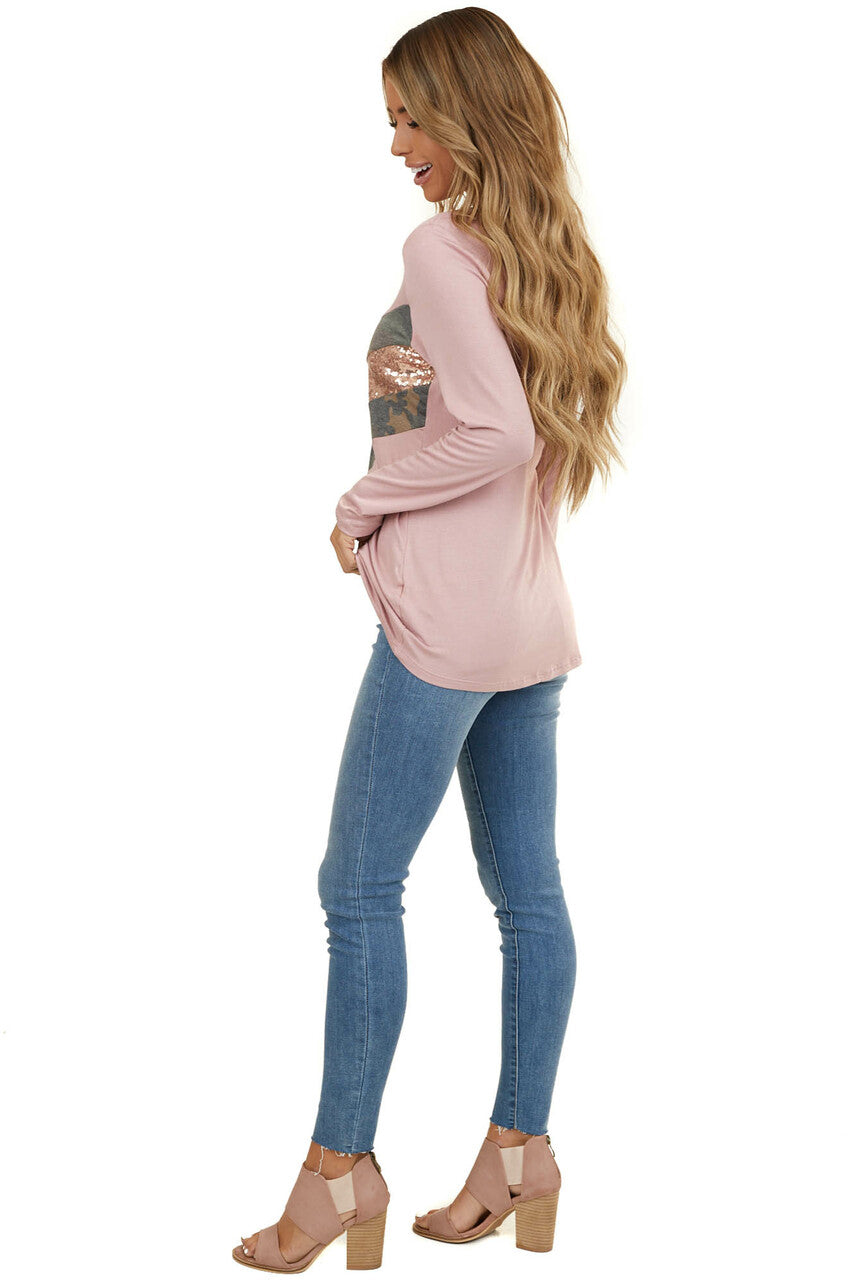 Dusty Blush Long Sleeve Top with Sequin and Camo Details 