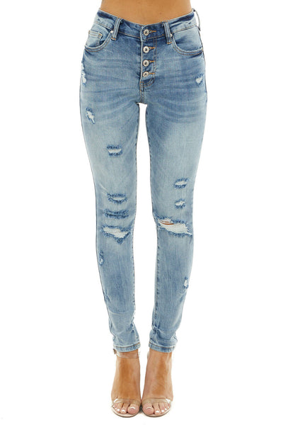 Medium Wash Distressed Mid Rise Button Up Skinny Jeans 