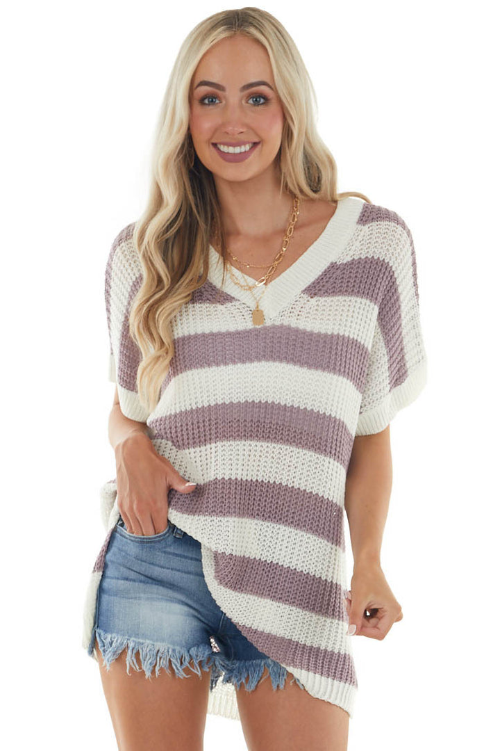 Off White and Mauve Striped Loose Knit Top