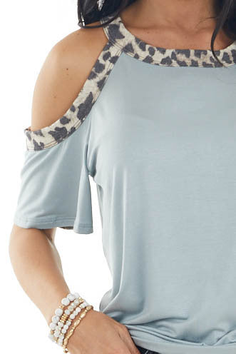 Slate Blue Leopard Print Contrast Cold Shoulder Knit Top