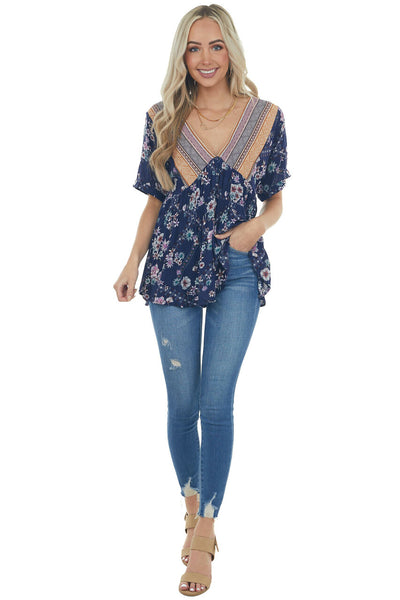 Rich Navy Multiprint Babydoll V Neck Woven Top