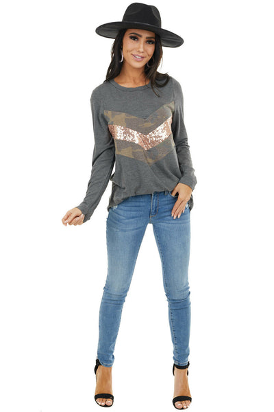 Charcoal Long Sleeve Top with Sequin and Camo Details 