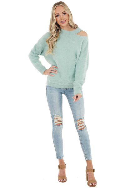 Mint Soft Fuzzy Knit Sweater with Cutout Detail