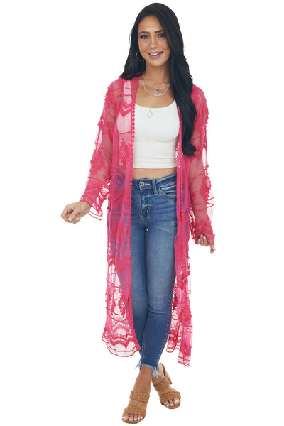 Hot Pink Tribal Lace Open Front Long Sleeve Kimono