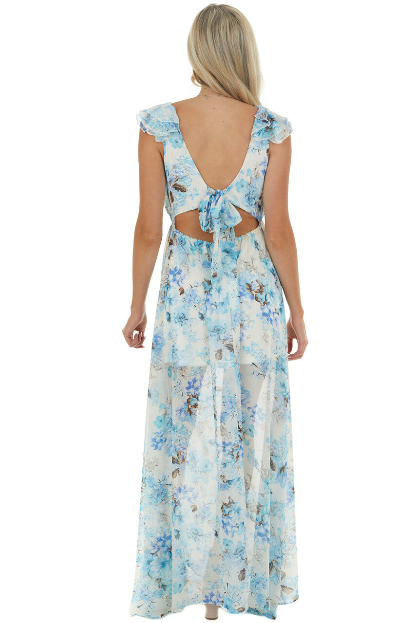 Cream and Sapphire Floral Print Maxi Dress