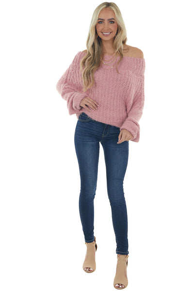 Pink Fuzzy Off Shoulder Cable Knit Sweater