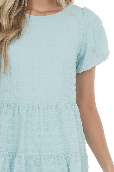 Light Blue Textured Woven Short Drop Waist Tiered Dress