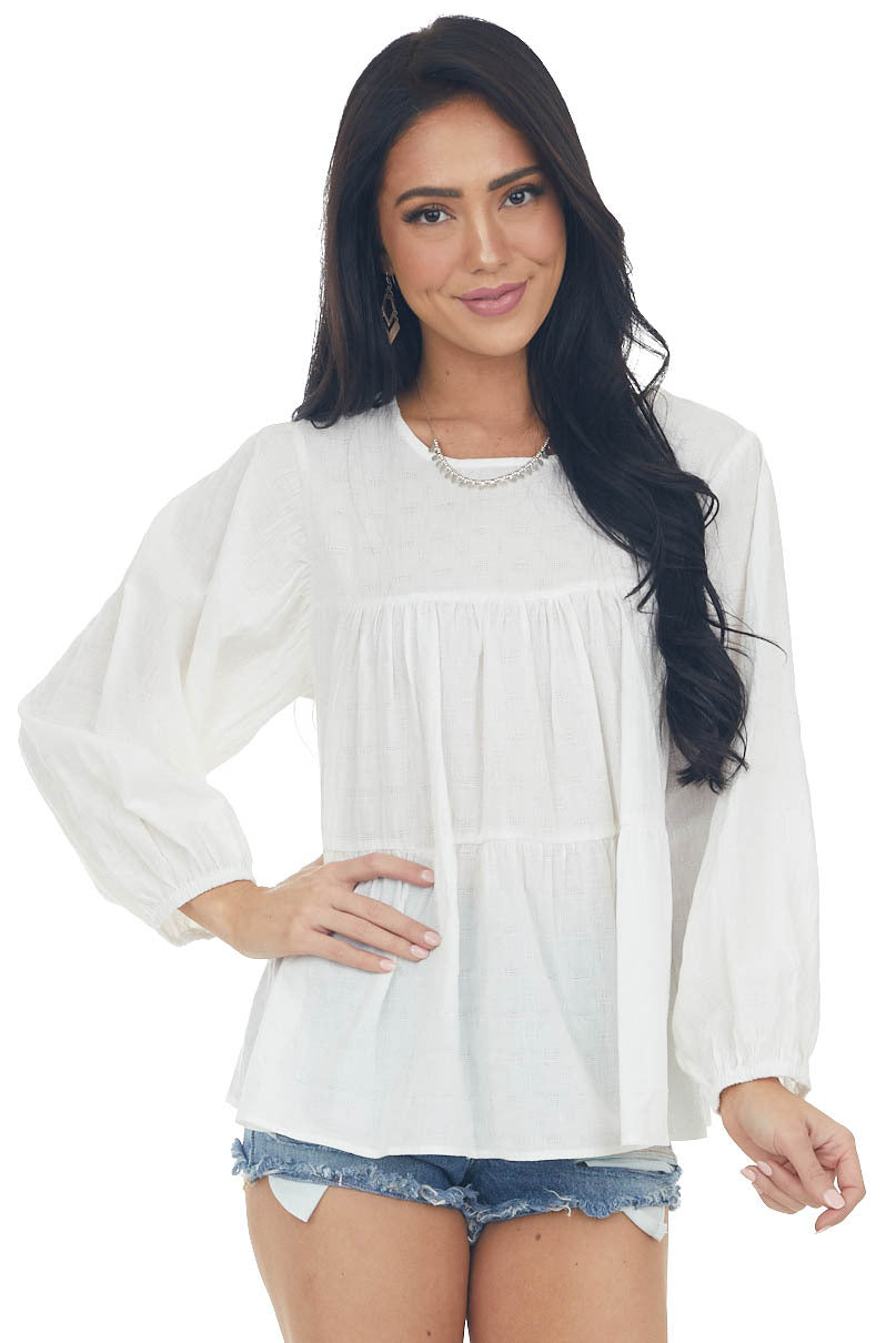 Off White Flowy Long Sleeve Babydoll Blouse