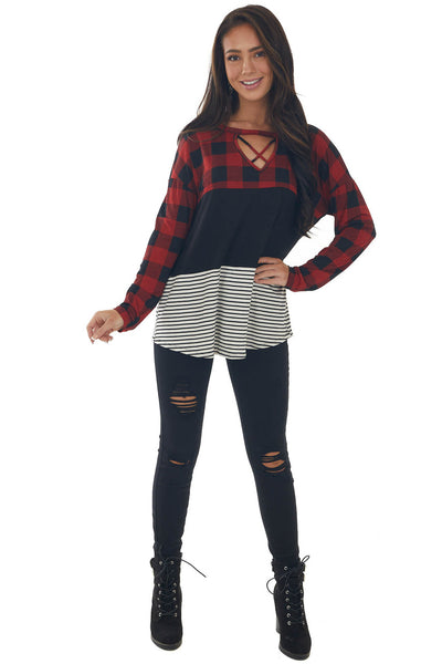 Cherry Buffalo Plaid Multiprint Strappy Top