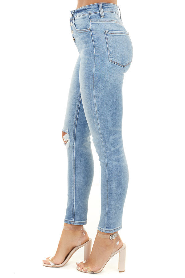 Midwash Denim High Rise Skinny Jeans with Button Up Closure